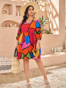 SHEIN Unity 大碼幾何印花燈籠袖娃娃裙 - 彩色 - 查看 4