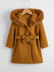Toddler Girls Fuzzy Hooded Belted Overcoat - Brown - View 1