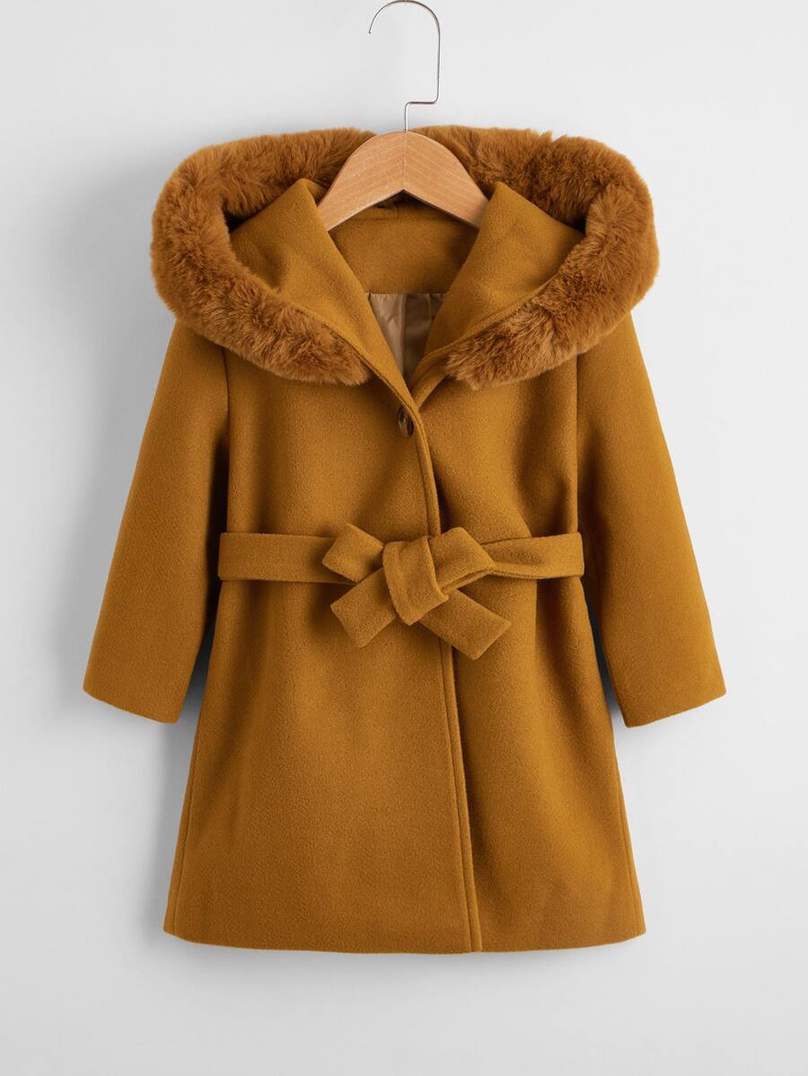 Toddler Girls Fuzzy Hooded Belted Overcoat - Brown - View 1