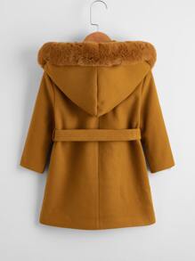 Toddler Girls Fuzzy Hooded Belted Overcoat - Brown - View 2