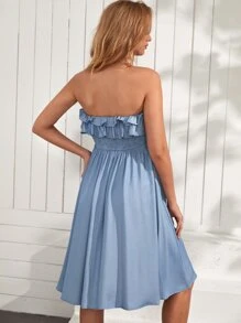 SHEIN Maternity Ruffle Trim Shirred Tube Denim Dress