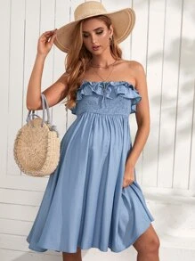 SHEIN Maternity Ruffle Trim Shirred Tube Denim Dress