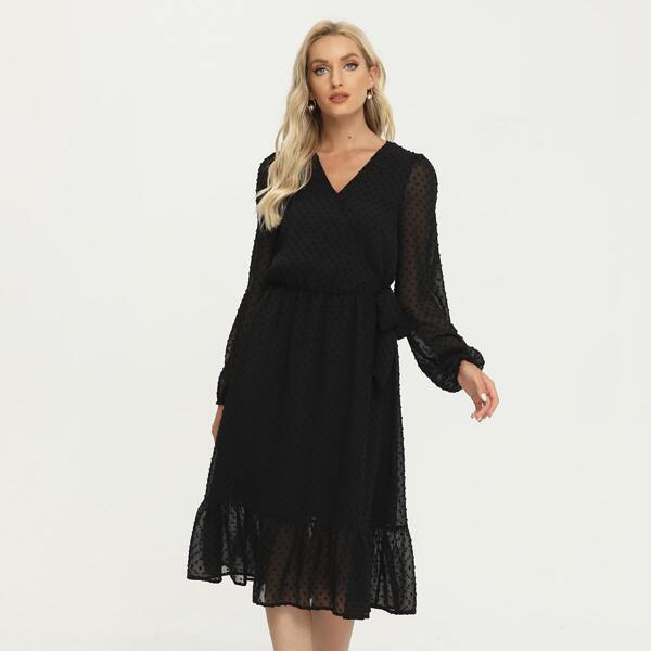 

Swiss Dot Tie Side Ruffle Hem Dress, Black