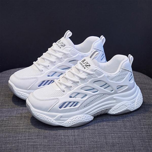 

Striped Pattern Lace-up Front Chunky Sneakers, White