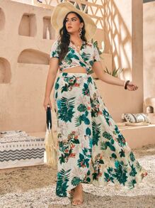 SHEIN VCAY Plus Leaf Print Wrap Top & Skirt - Multicolor - View 1