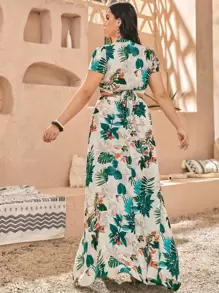 SHEIN VCAY Plus Leaf Print Wrap Top & Skirt - Multicolor - View 2