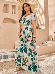 SHEIN VCAY Plus Leaf Print Wrap Top & Skirt - Multicolor - View 3