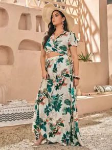 SHEIN VCAY Plus Leaf Print Wrap Top & Skirt - Multicolor - View 4