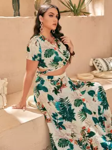SHEIN VCAY Plus Leaf Print Wrap Top & Skirt - Multicolor - View 5