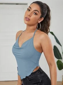 SHEIN Privé 垂褶領後繫帶手帕上衣 - 霧霾藍 - 查看 5