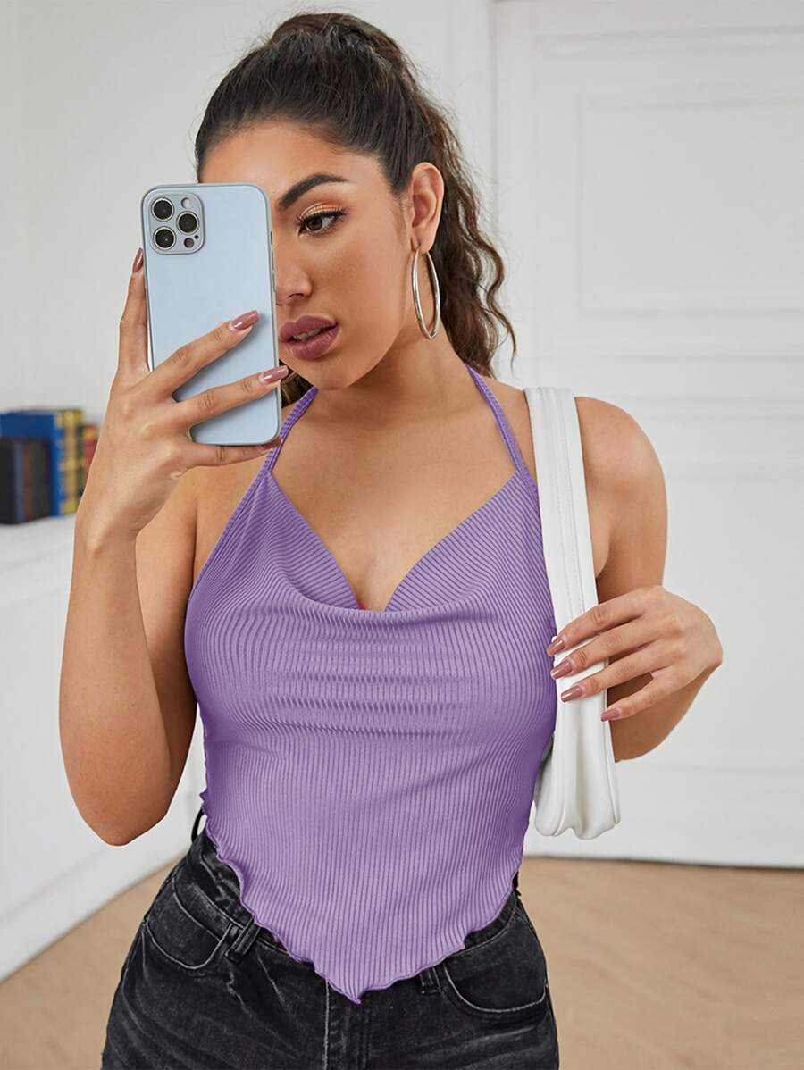 SHEIN Privé 垂褶領後繫帶手帕上衣 - 淡紫色 - 查看 1