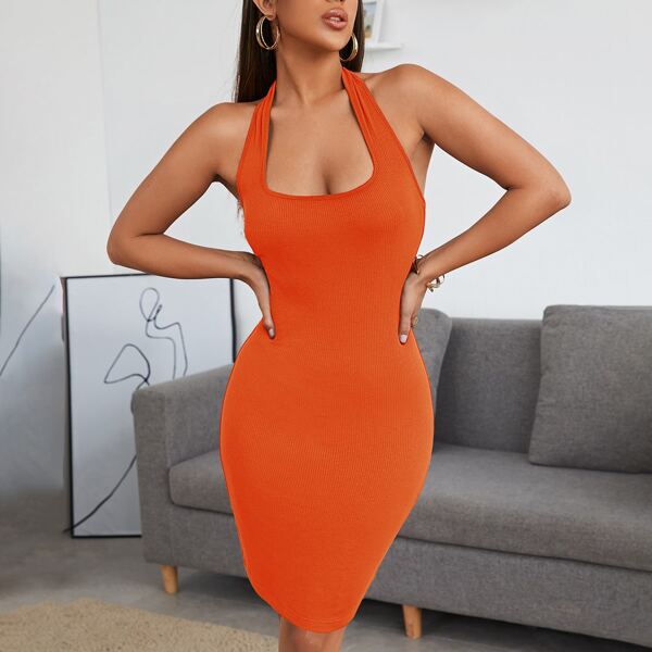 

Neon Orange Solid Rib-knit Bodycon Dress