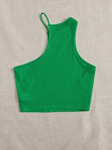 SHEIN EZwear Asymmetrical Neck Ribbed Knit Top - Green - View 2