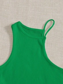SHEIN EZwear Asymmetrical Neck Ribbed Knit Top - Green - View 4