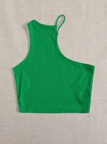 SHEIN EZwear Asymmetrical Neck Ribbed Knit Top - Green - View 5