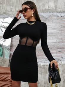 Allurite Sheer Mesh Insert Rib-Knit Bodycon Dress Fall Cloth For Women - Black - View 3