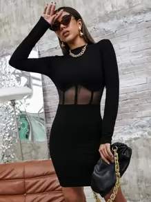 Allurite Sheer Mesh Insert Rib-Knit Bodycon Dress Fall Cloth For Women - Black - View 5