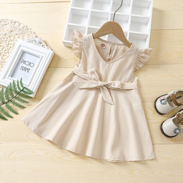 

Baby Girl Ruffle Cuff Belted Dress, Beige
