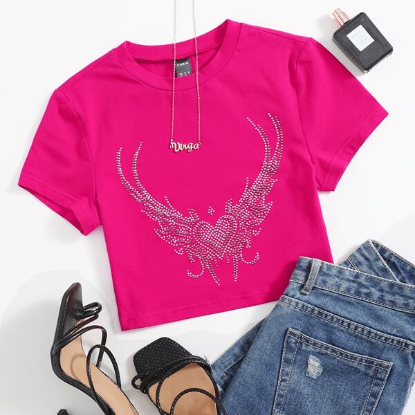 

Rhinestone Detail Slim Tee, Hot pink