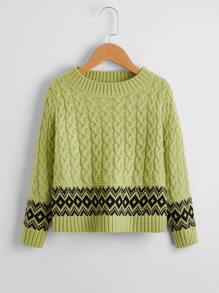 Girls Argyle Pattern Cable Knit Jumper - Mint Green - View 1