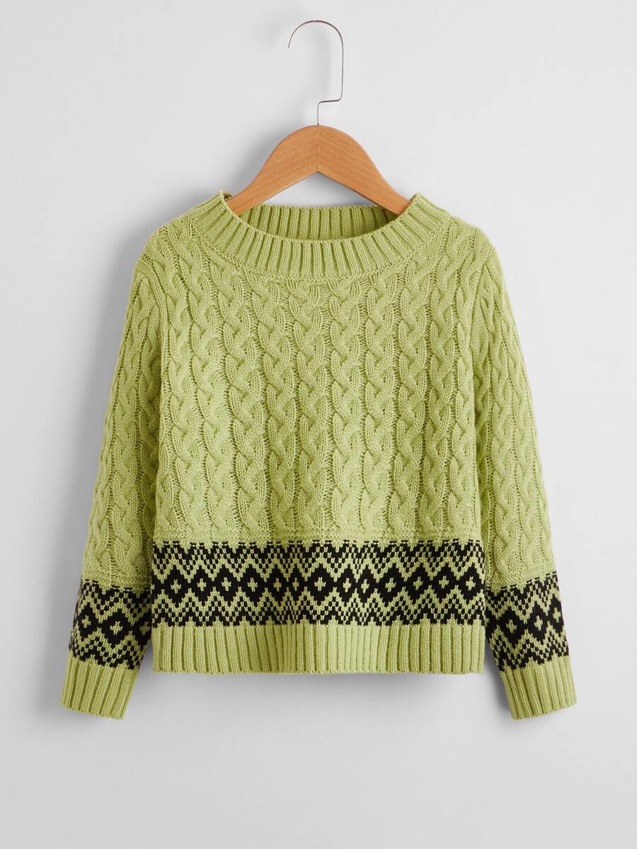 Girls Argyle Pattern Cable Knit Jumper - Mint Green - View 1