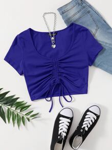 SHEIN Qutie Solid Drawstring Ruched Tee - Royal Blue - View 1