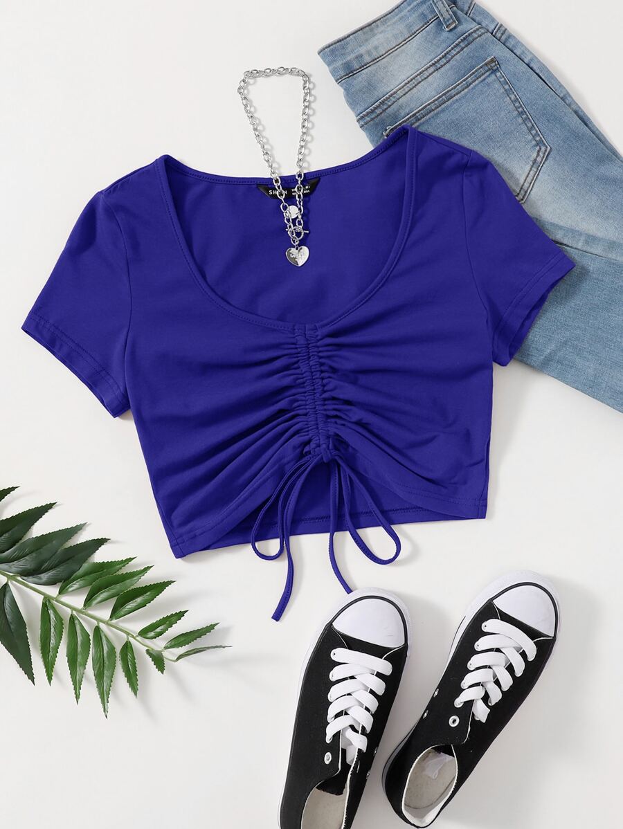 SHEIN Qutie Solid Drawstring Ruched Tee - Royal Blue - View 1