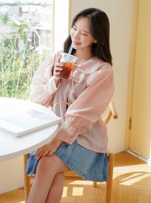 DAZY Solid Lace Up Bishop Sleeve Top - Baby Pink - View 1