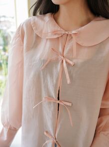 DAZY Solid Lace Up Bishop Sleeve Top - Baby Pink - View 3