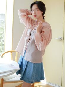 DAZY Solid Lace Up Bishop Sleeve Top - Baby Pink - View 4