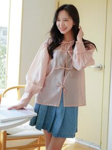 DAZY Solid Lace Up Bishop Sleeve Top - Baby Pink - View 5