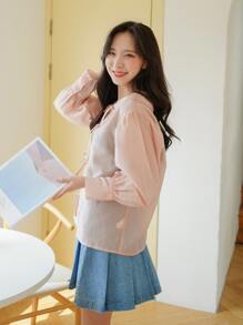 DAZY Solid Lace Up Bishop Sleeve Top - Baby Pink - View 6