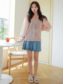 DAZY Solid Lace Up Bishop Sleeve Top - Baby Pink - View 7