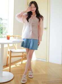 DAZY Solid Lace Up Bishop Sleeve Top - Baby Pink - View 8
