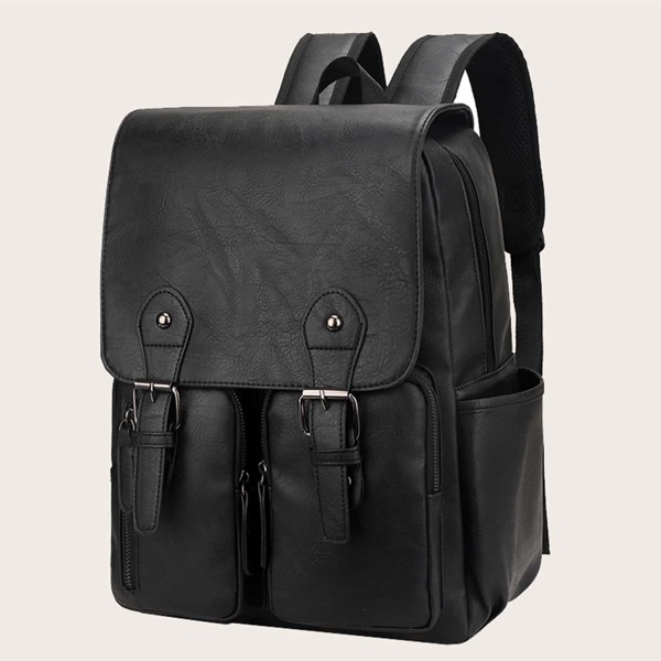 

Men Buckle Decor Flap Backpack, Black
