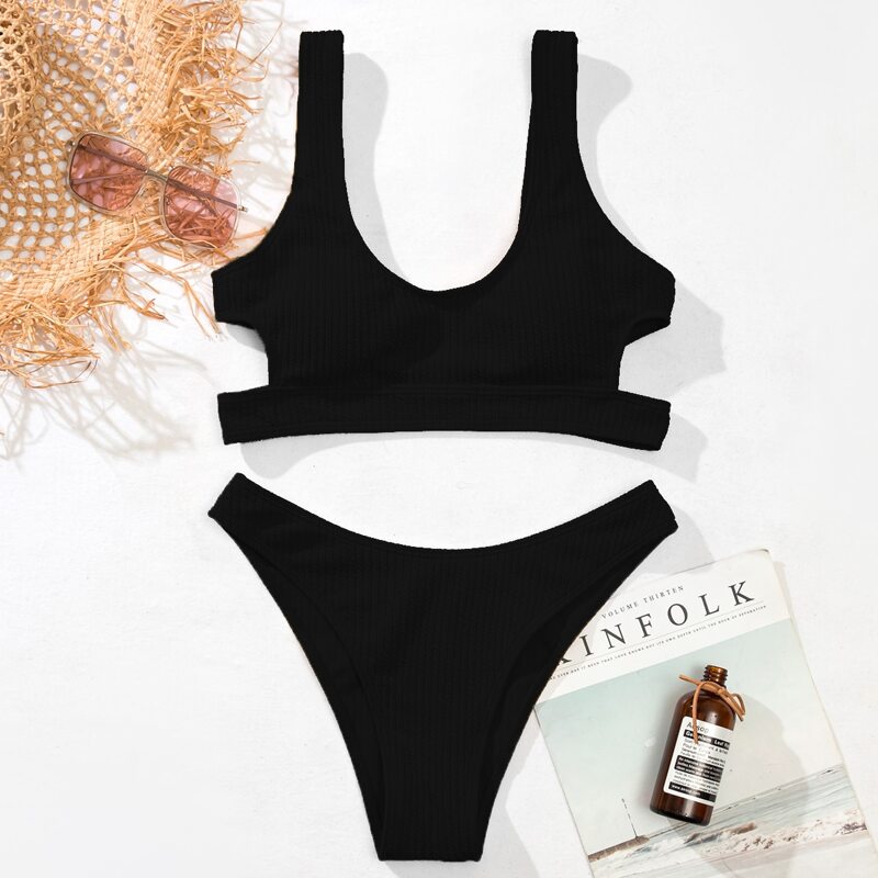 

Solid Cut Out Bikini Swimsuit, Black