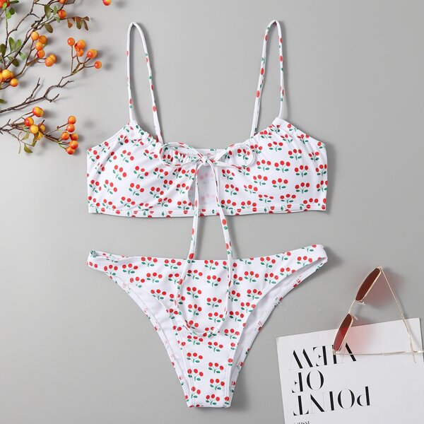 

Cherry Print Tie Front Bikini Swimsuit, Multicolor