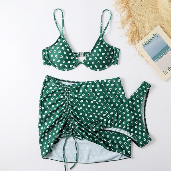 

3pack Ditsy Floral Underwire Bikini Swimsuit With Beach Skirt, Dark green