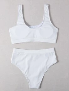 Rib Square Neck Bikini For Summer Beach Vacation - White - View 2