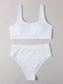 Rib Square Neck Bikini For Summer Beach Vacation - White - View 5