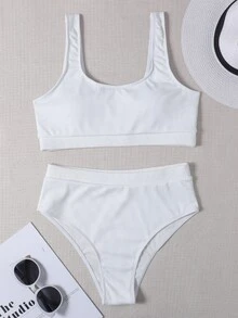 Rib Square Neck Bikini For Summer Beach Vacation - White - View 6