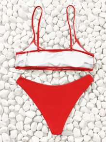 SHEIN Swim Summer Beach Solid Bikini Set Cut-Out Back Bra & High Cut Bottom 2 Pieces Bikini - Red - View 2