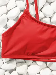 SHEIN Swim Summer Beach Solid Bikini Set Cut-Out Back Bra & High Cut Bottom 2 Pieces Bikini - Red - View 3