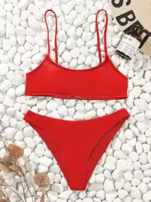 SHEIN Swim Summer Beach Solid Bikini Set Cut-Out Back Bra & High Cut Bottom 2 Pieces Bikini - Red - View 4