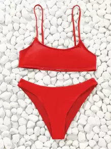 SHEIN Swim Summer Beach Solid Bikini Set Cut-Out Back Bra & High Cut Bottom 2 Pieces Bikini - Red - View 5