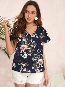 SHEIN 孕婦裝V領蝴蝶袖花卉上衣