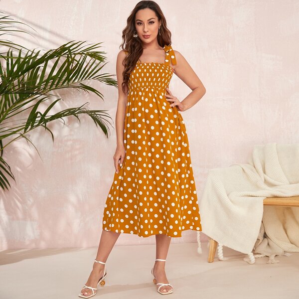 

Maternity Tie Shoulder Shirred Polka Dot Dress, Yellow