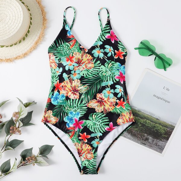 

Floral & Tropical Print One Piece Swimsuit, Multicolor