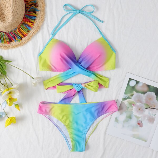 

Ombre Wrap Halter Bikini Swimsuit, Multicolor