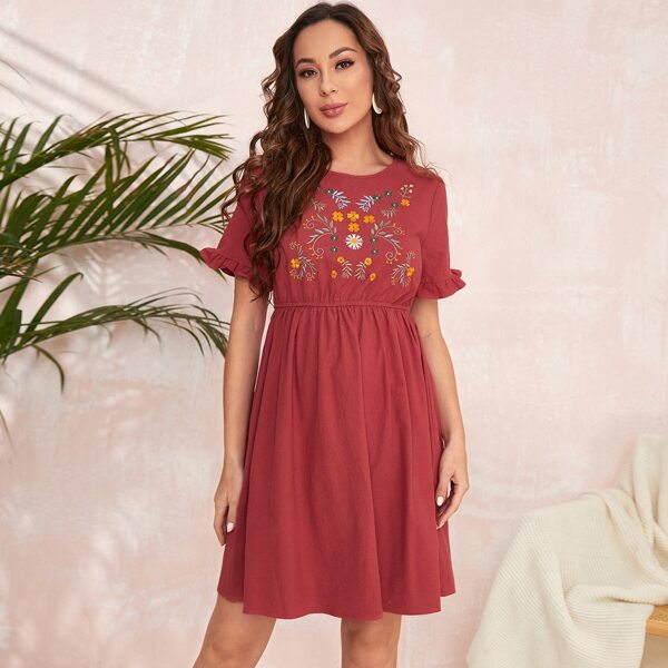 

Maternity Embroidery Floral Flounce Sleeve Dress, Red
